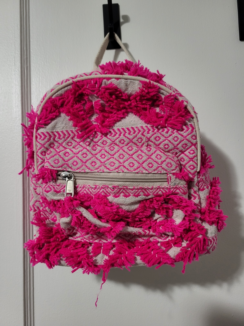 Pink Tassel Accent Women's Mini Backpack. Boho Fringe